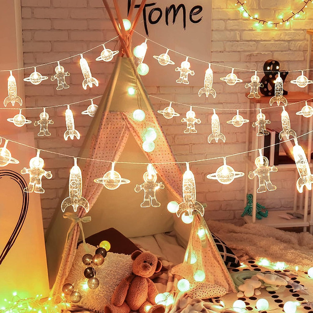AceList 20 LED Children's Room LED String Lights Astronaut Spaceship Rocket UFO Pendants Light String Holiday Party Lights Wall Window Tree Decorative Lights(Light Warm White)