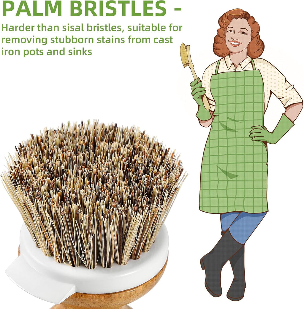 Bamboo Dish Brush,Sisal Brush with Scraper,2 Pack with Ceramic Holder