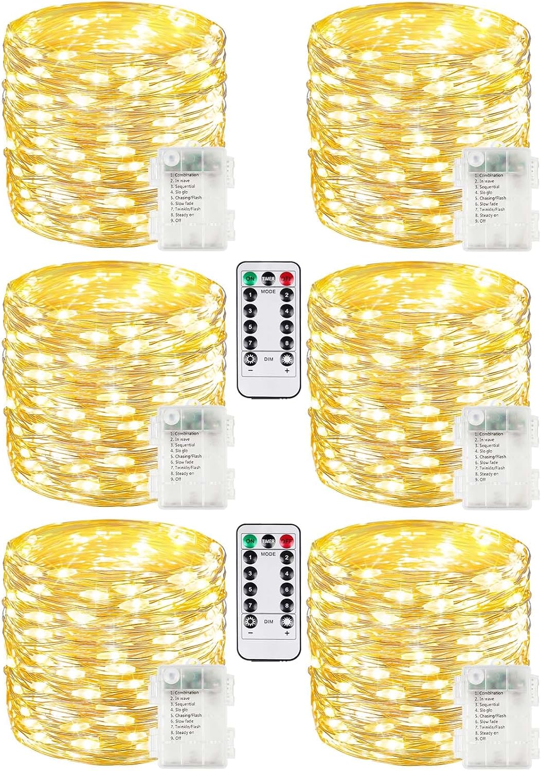 6 Pack 100 LED Fairy Lights Battery Operated with Remote, 33 FT Warm White