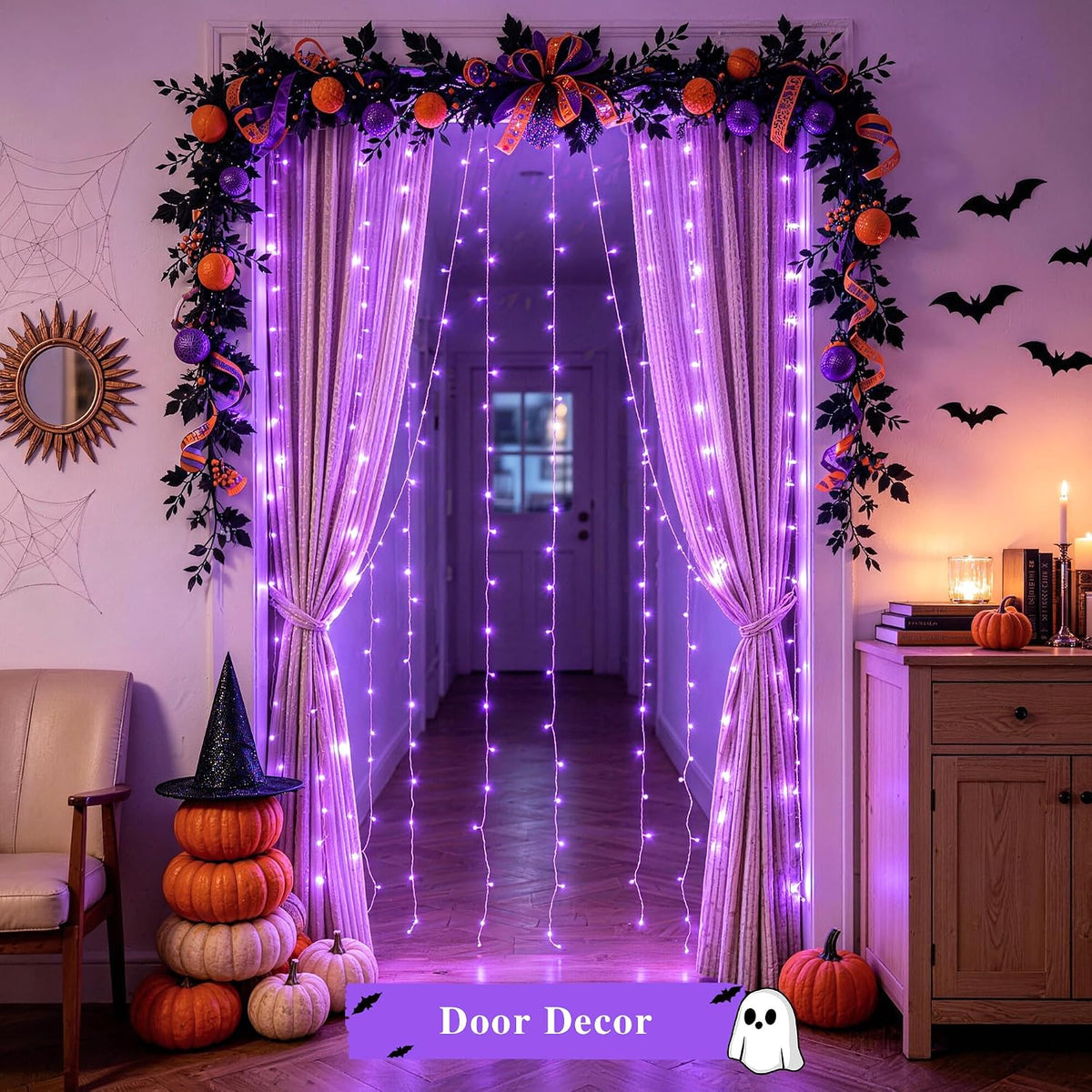JMEXSUSS 200 LED Halloween Curtain Lights Battery Operated & USB Plug in