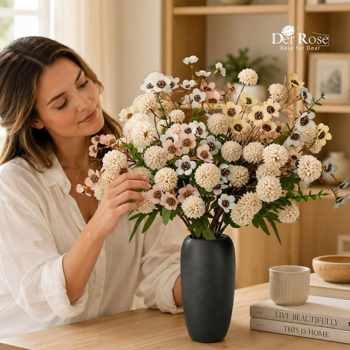 Der Rose Fake Flowers in Vase 20Pcs Champagne Mums for Spring Home Decor