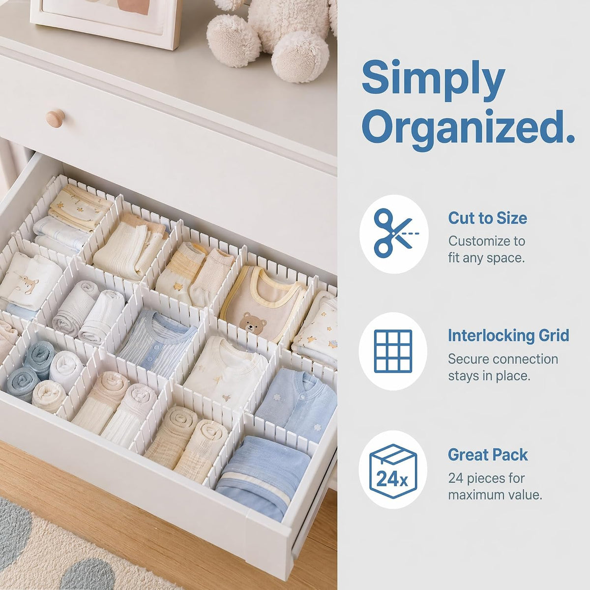 Adjustable Drawer Dividers, DIY Cut-to-Fit Organizers - White,24 Pack