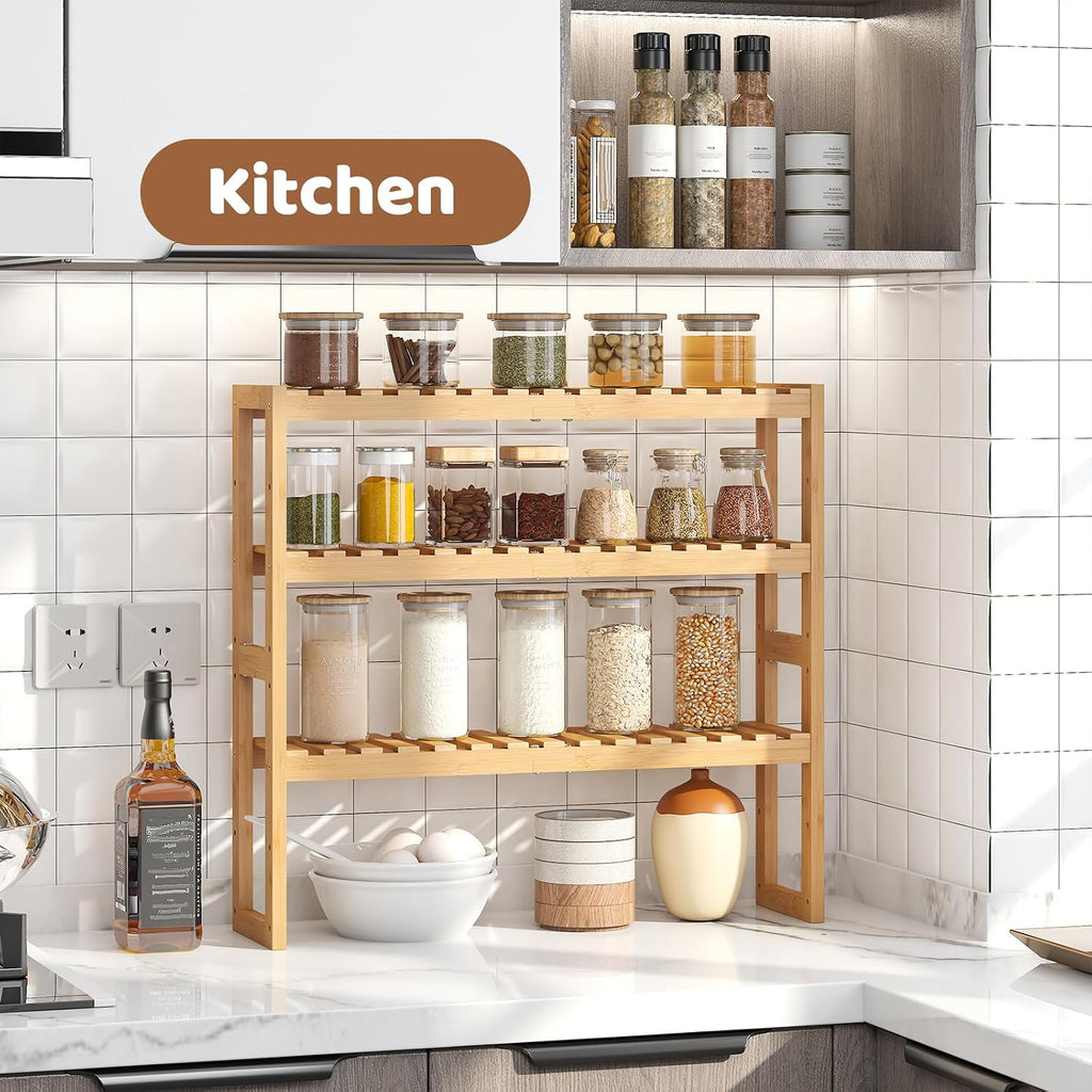 Bamboo Organizer Rack - Adjustable 3-Tier Storage Shelf, Wall Mounted or Over The Toilet, Living Room, Kitchen (Natural)