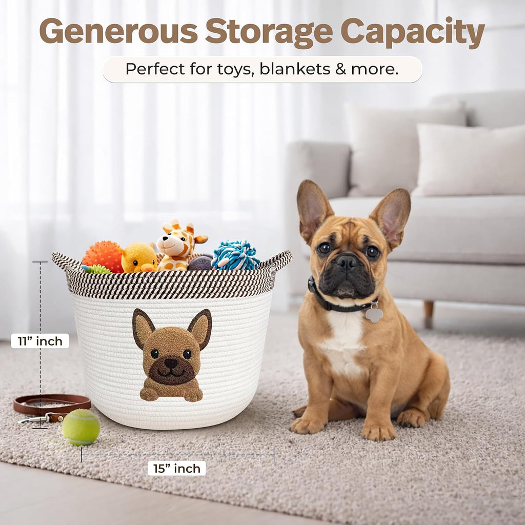 French Bulldog Dog Toy Basket, Pug and Boston Terrier, Cotton Rope Bin