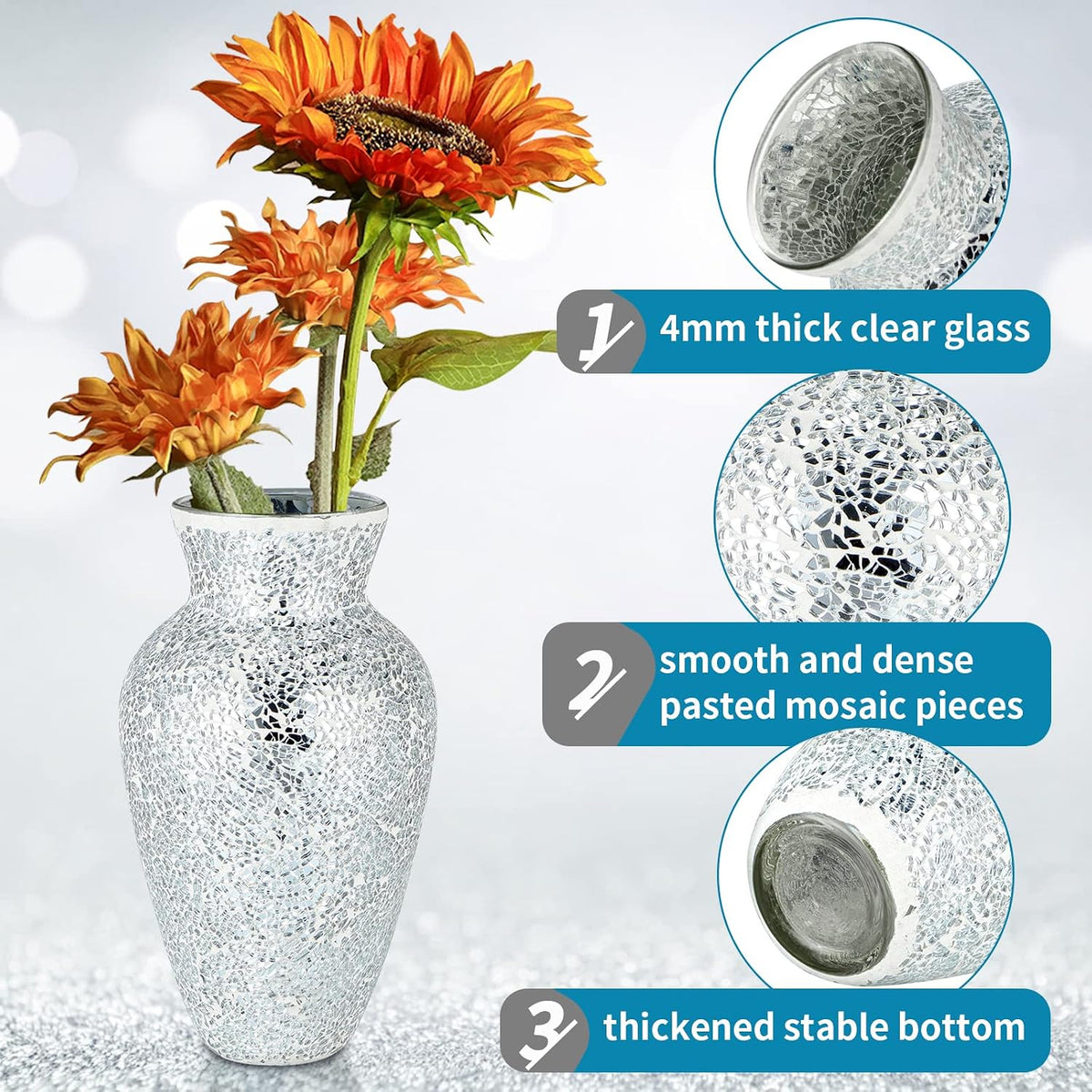 MDLUU Mosaic Vase 11" Tall, Handcrafted Cracked Glass Vase, Decorative Flower Vase for Home Decor, Wedding, Table Centerpiece, Gift (Silver)