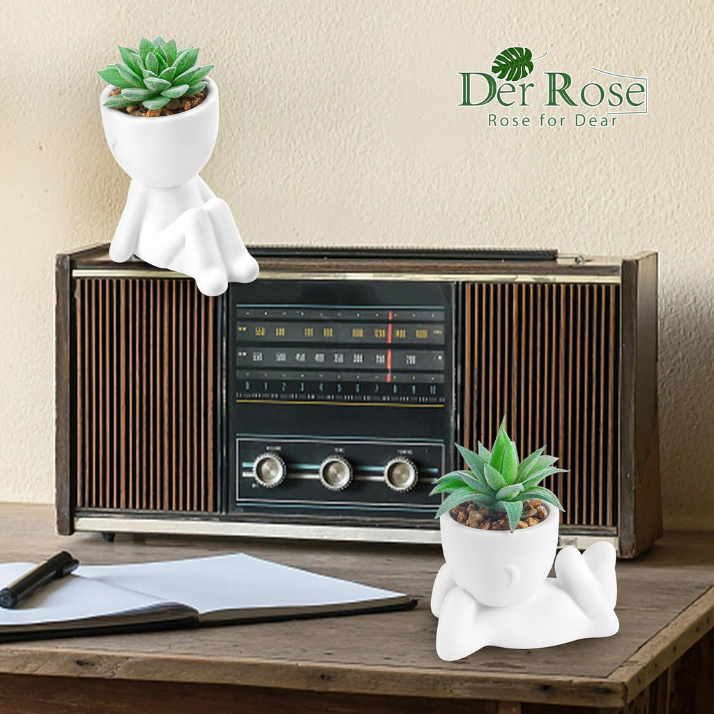 Der Rose 2 Pack Fake Succulents in White Human Pots for Desk Decor