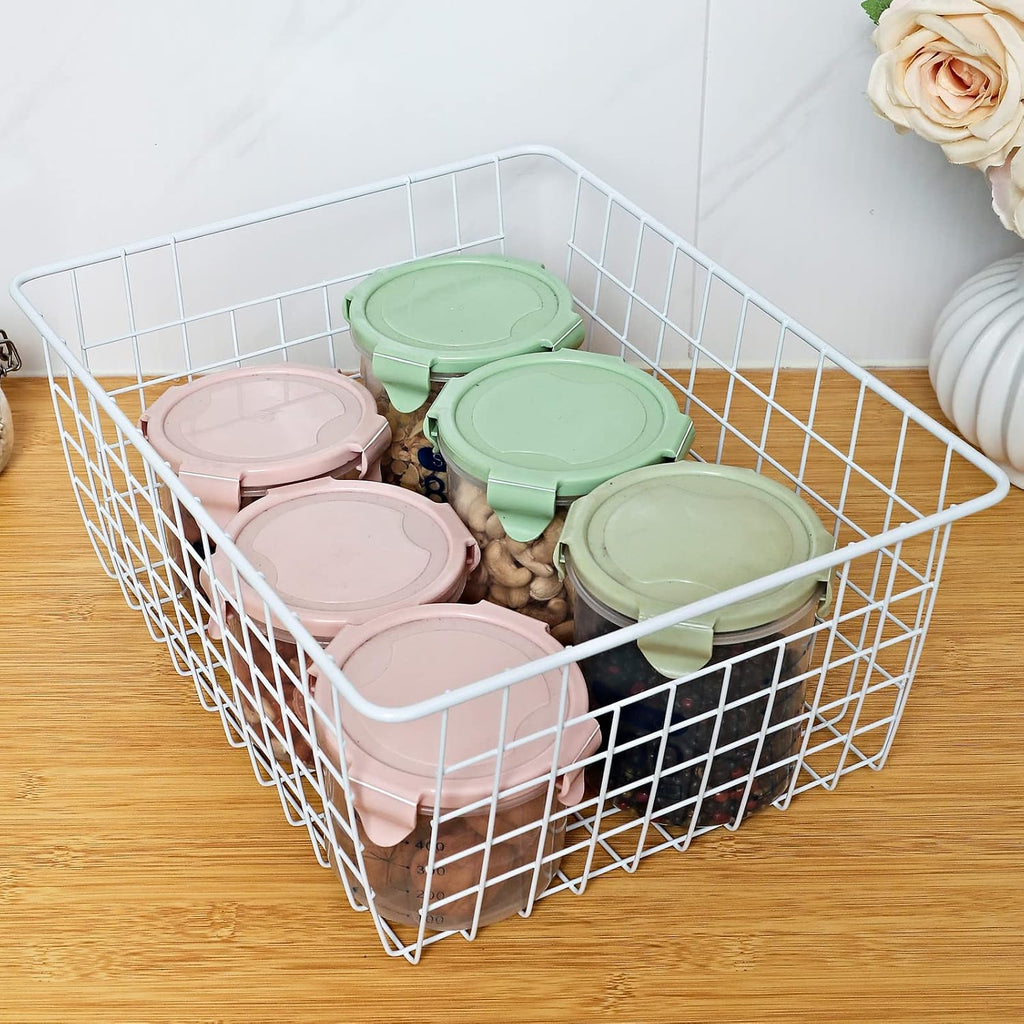 14" Upright Freezer Storage Baskets, Large White Wire Storage Bins Bakset for Freezer, Pantry, Bathroom Organizing, Set of 2