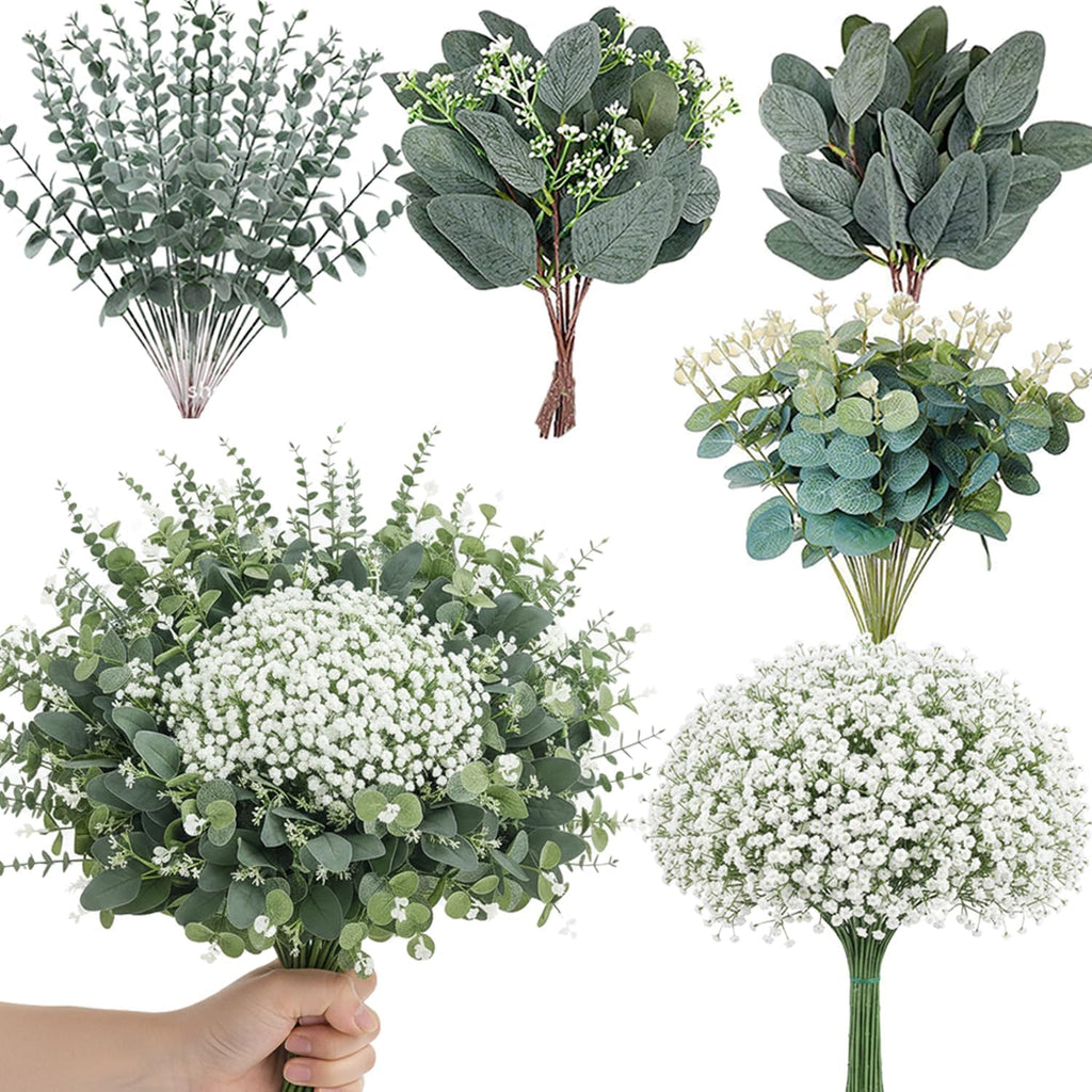 Mixed Eucalyptus Leaves Stems Bulk Artificial Silver Dollar Leaves Picks Dried Eucalyptus Bundle Faux Spray for Wedding Vase Bouquet Decor (120, Green/White)