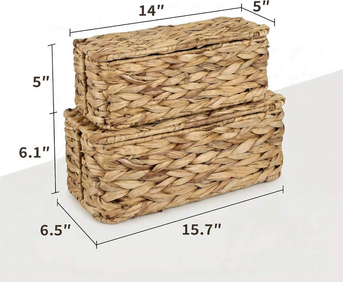 2 Pack Handwoven Cable Management Box with Lid, Decorative Cord Organizer for Power Strips, Chargers, TV Wires, Desk, Home & Office Storage, Natural Water Hyacinth