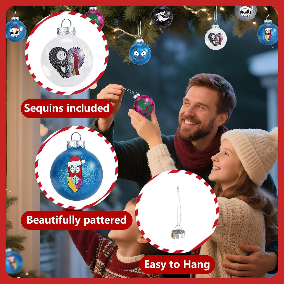 Nightmare Christmas Ball Ornaments Set, Skull Pattern Jack White and Black Xmas Tree Decorations, Plastic Shatterproof Hanging Balls Halloween Decor, 2.36”/60mm (24, Colorful)