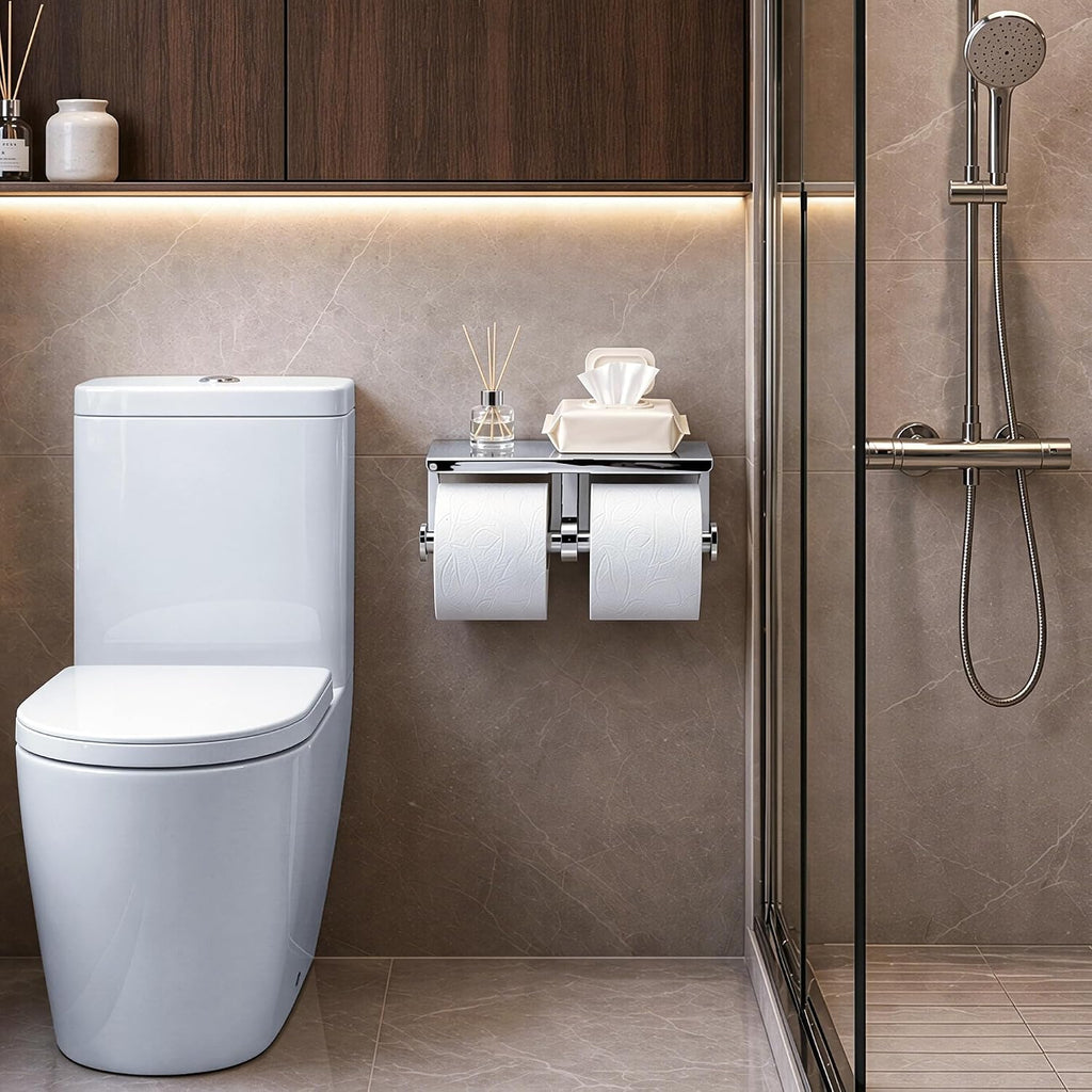 Double Toilet Paper Holder Tissue Roll Rack with Phone Storage Shelf