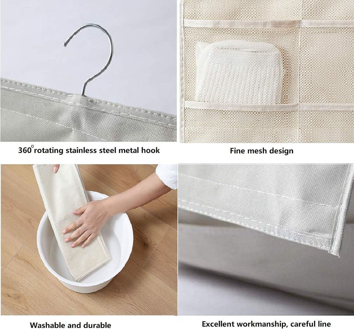 Closet Hanging Organizer with Mesh Pockets & Rotating Metal Hanger,Dual Sided Wall Shelf Wardrobe Storage Bags,Oxford Cloth Space Saver Bag for Bra Underwear Underpants Socks (white)