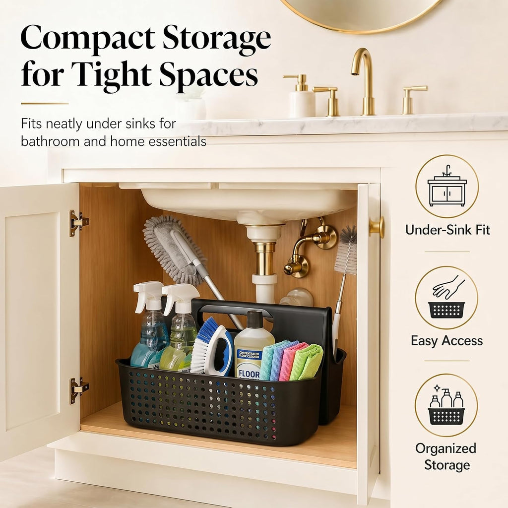 Haundry Portable Shower Caddy Basket, 2 Compartments Plastic Cleaning Caddy Organizer, Large Storage Tote with Handle for Bathroom, College, Dorm Room Essentials, Black
