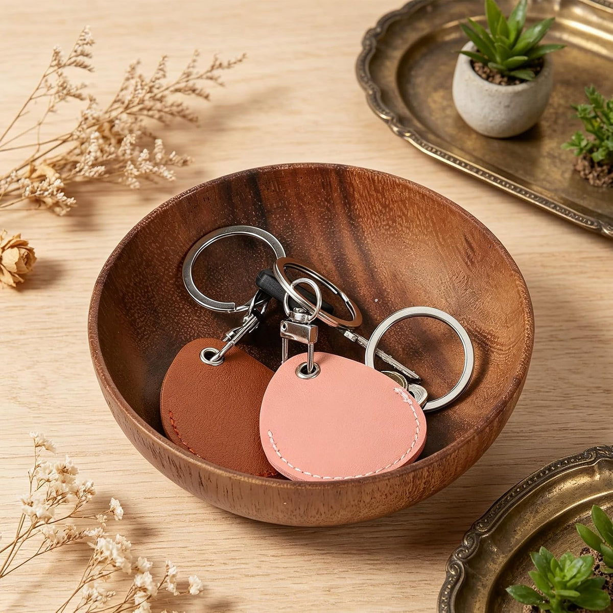 Skrfren 4.7 Inch Acacia Decorative Bowl Round Keys Bowl for Entryway Tabletop Organizer Small Wooden Bowls for Keys, Wallet, Candy, Cookies (4.7" x 4.7" x 1.5")