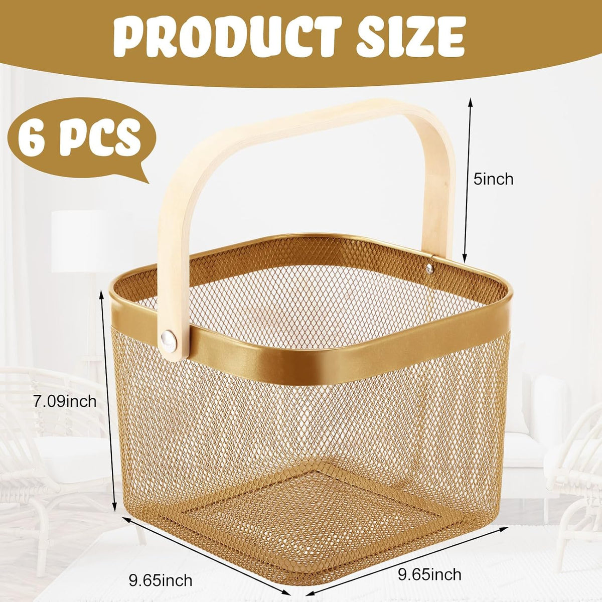 Roshtia 6 Pcs Metal Mesh Basket with Handle, Fall Halloween Garden Basket