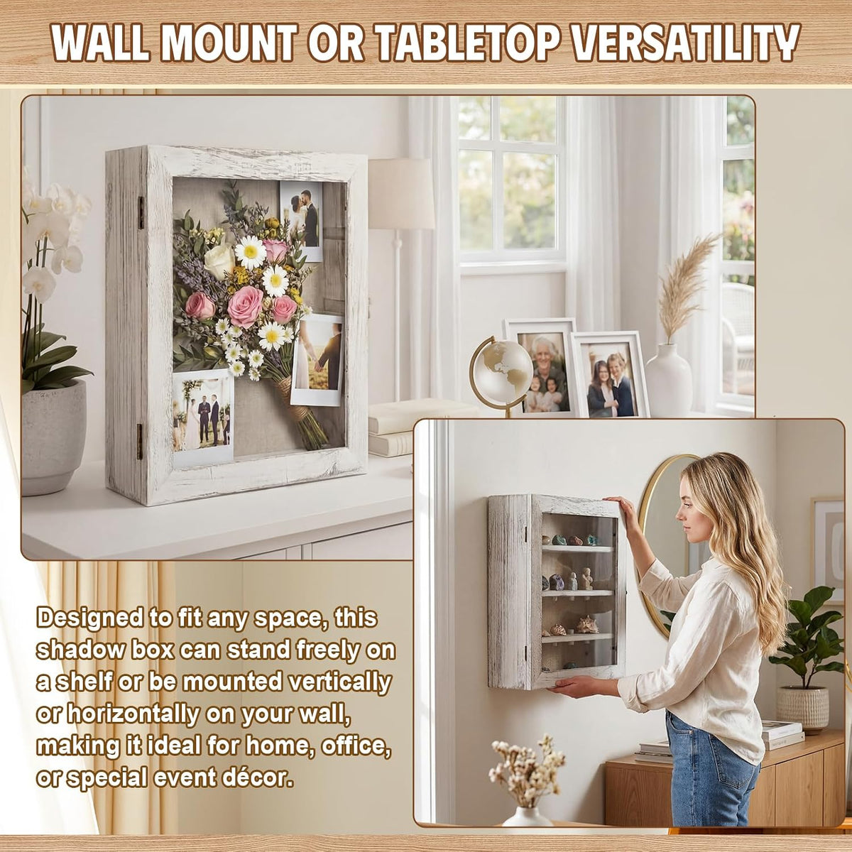 Gerrii Shadow Box Display Case 11 x 13 - Deep 5 Inch Wooden Picture Frame with Linen Back, Removable Shelves, Wooden Memory Case for Wedding Bouquets, Photos, Medals & Keepsakes, White