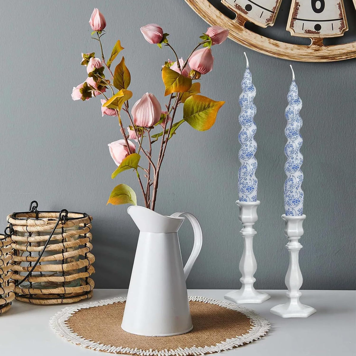 Unscented Floral Taper Candle Spiral Candlesticks - Set of 2 Handmade Blue Flower Twisted Candle 7.5 Inch Short Print Tapered Candles for Home Wedding Dinner Gifts