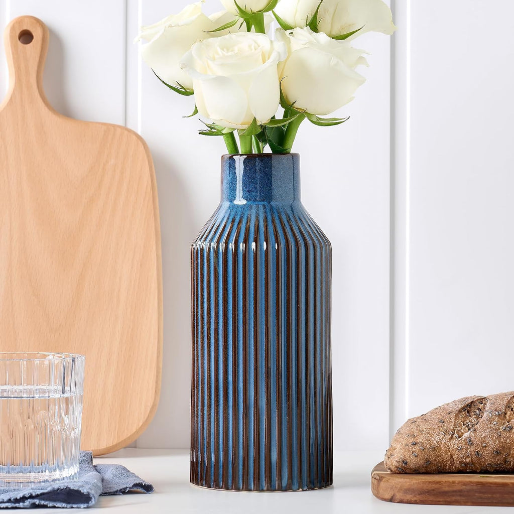 STHIE 8 Inches Ceramic Flower Vase, Blue Vases for Centerpieces