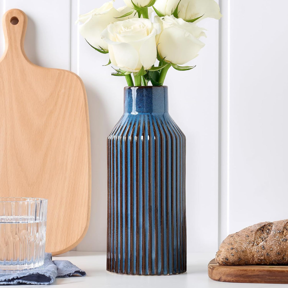 STHIE 8 Inches Ceramic Flower Vase, Blue Vases for Centerpieces