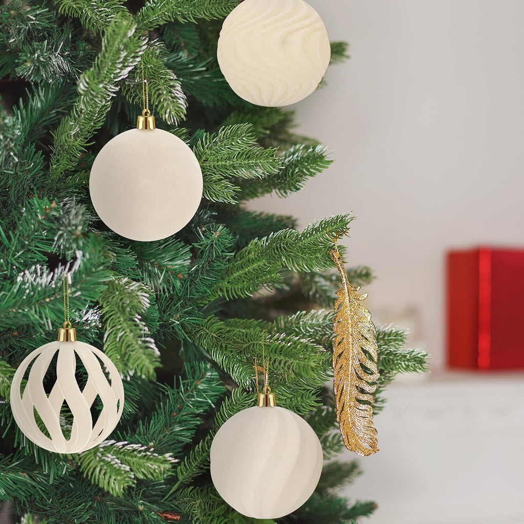 12Pcs 3.15in Velvet Cream Christmas Tree Balls Ornaments (Cream White)