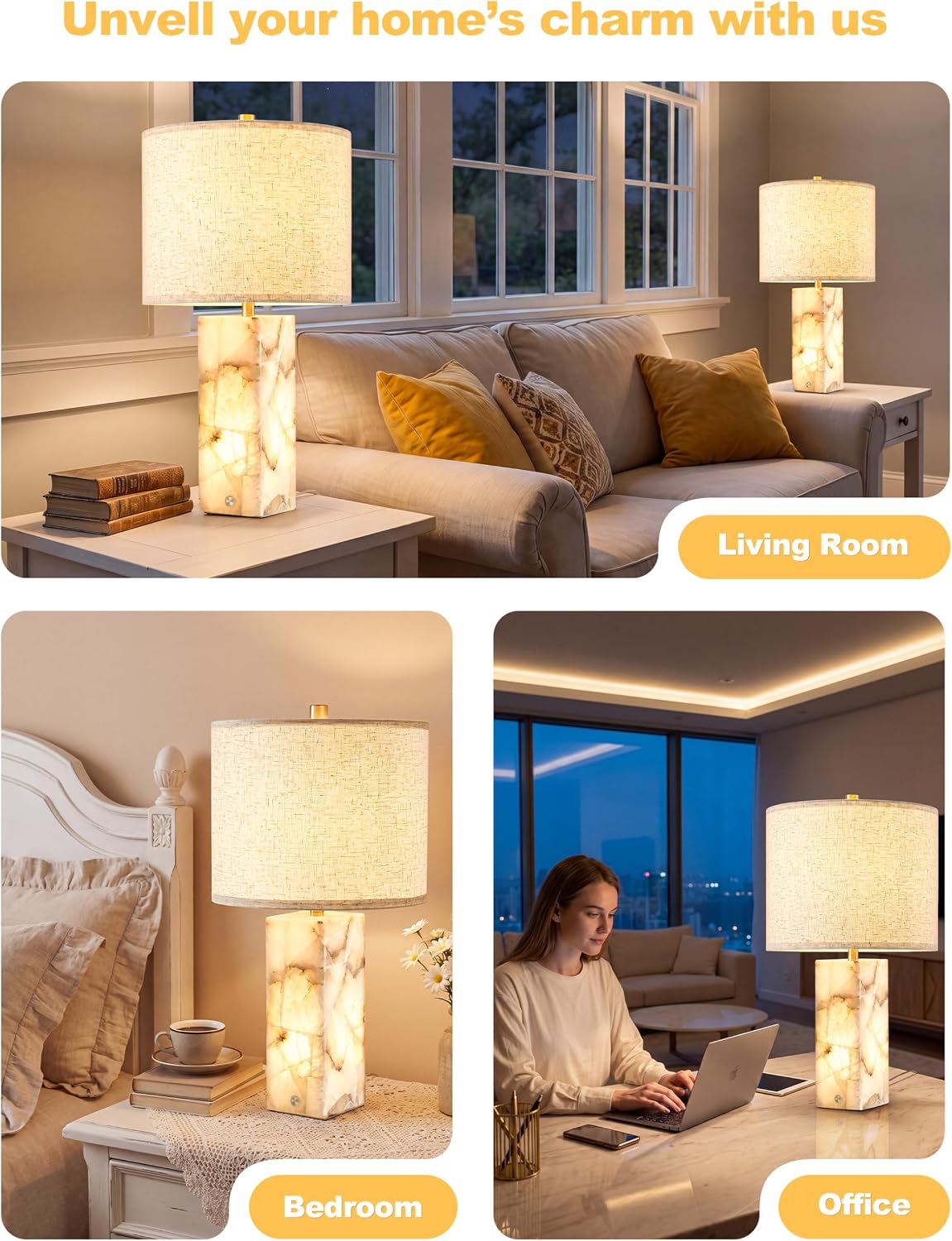 VOLISUN 23" Alabaster Table Lamp Set of 2, Modern Marble Lamp with Linen Shade, Touch Control & 3-Level Dimming, Night Light Bedside Lamps for Bedroom Living Room Office