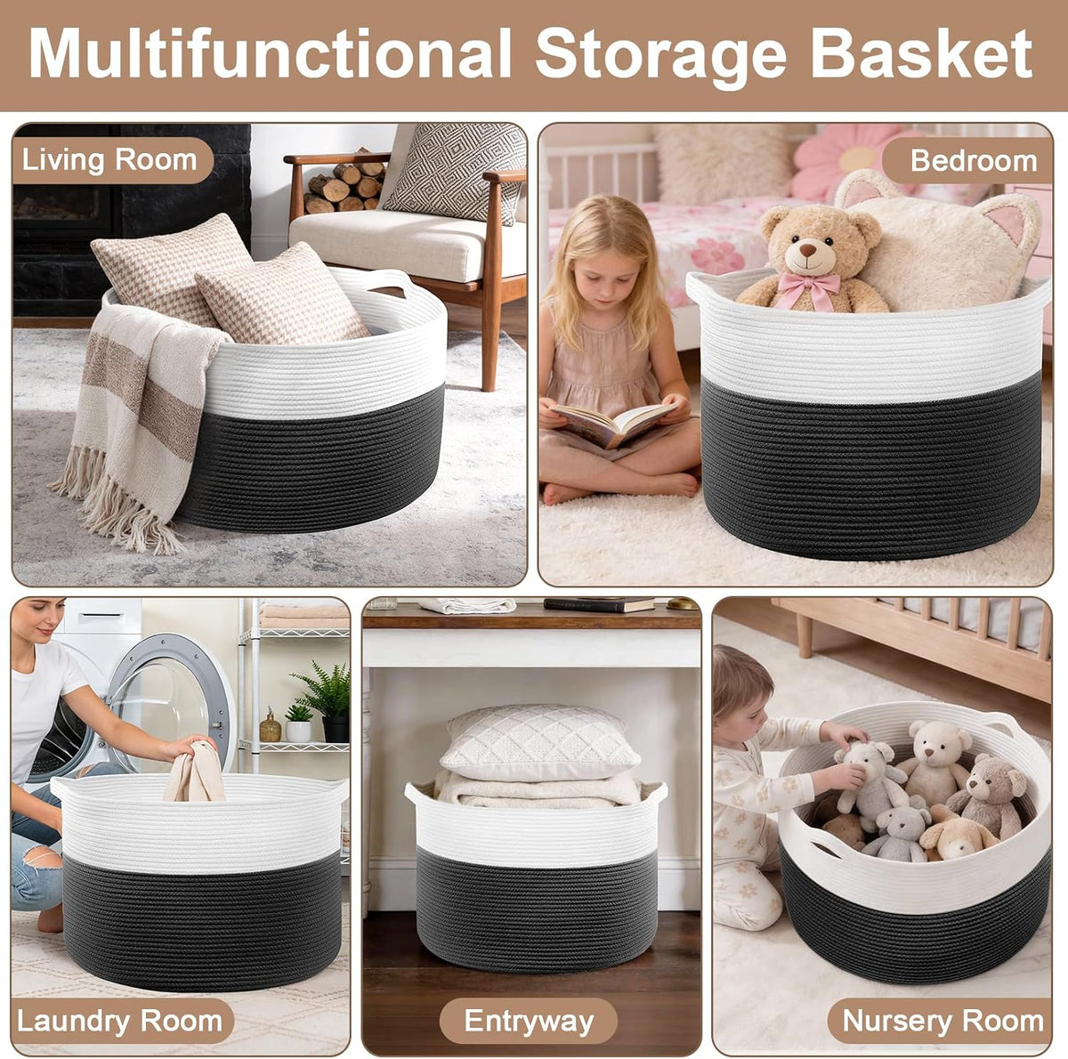 XXL Large Laundry Basket, 90L Soft Cotton Rope Basket, Blanket Storage and Organizers, Baby Nursery Laundry Hamper, Extra Large Toys Storage Bins for Kids 23'' x 13'', White & Black