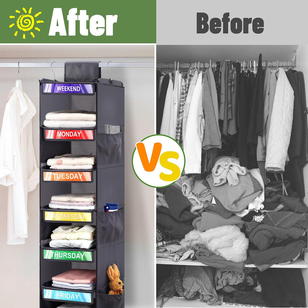 2 Pack 6-Shelf Weekly Clothes Organizer for Kids, Hanging Daily Closet Organization with 6 Side Pockets, Days of The Week Clothing Divider Storage for Boys and Girls (Grey)