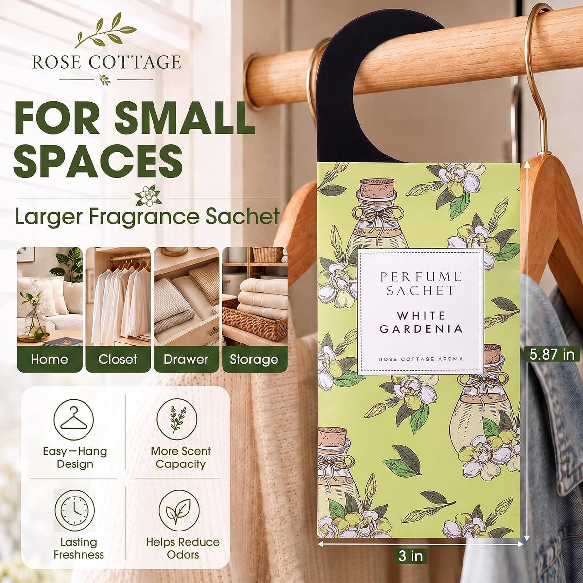 Large 12 Packs White Gardenia Hanging Scented Sachets Long-Lasting Closet Deodorizer Air Freshener Fabric Refresher Odor Eliminator for Drawer Home Fragrance Gift Set