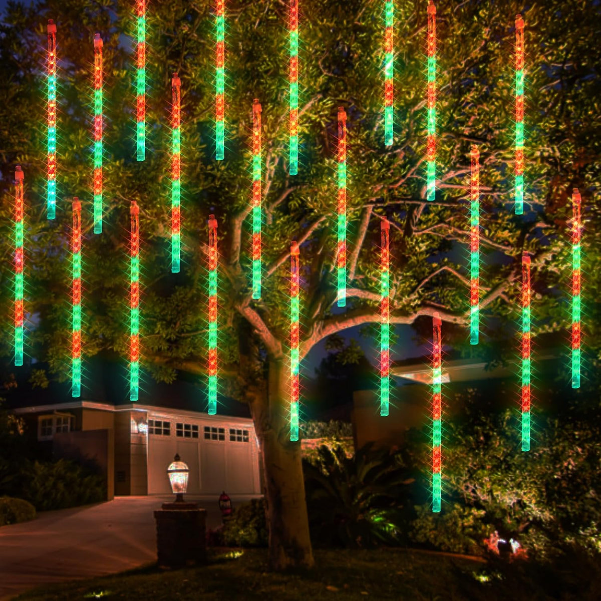 Dazzle Bright Red and Green Christmas Lights, 288 LED 11.8 Inch Meteor Shower Rain Lights with 8 Tubes, Waterproof Plug in Falling Rain Light Christmas Decorations for Xmas Bushes Tree Yard Party