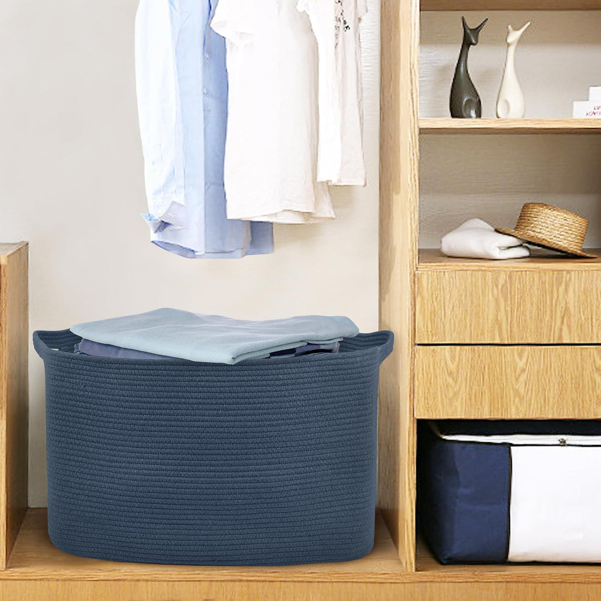MEGASKET Extra Large Rectangle Storage Basket, 23.6" x 17" x 12" Dark Blue Blanket Storage for Living Room, Large Woven Cotton Rope Storage Box, Soft Kids Toy Basket Organizer Bin, Big Wicker Basket