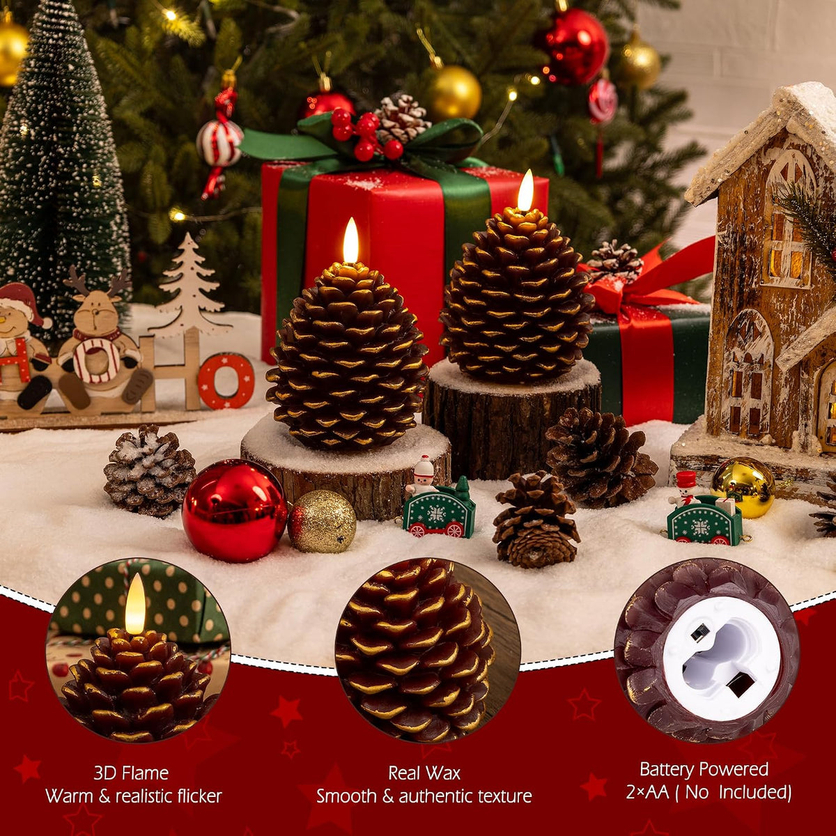 Christmas Flameless Pinecone Candles with Remote, Real Wax Pine Cone Candle