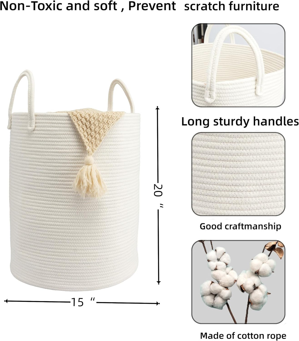 Woven Cotton Rope Laundry Basket, 15" x 20" Laundry Hamper, White