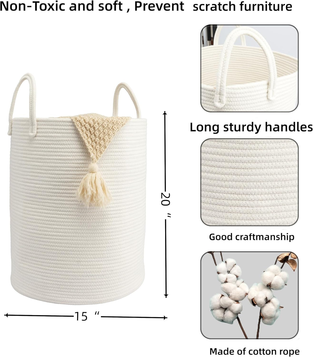 Woven Cotton Rope Laundry Basket, 15" x 20" Laundry Hamper, White