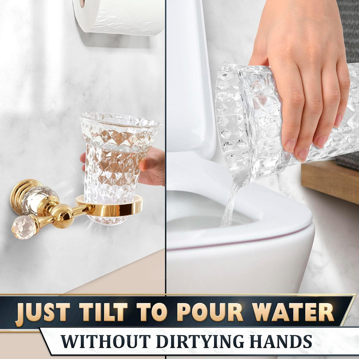 Gold Toilet Brush and Holder Set, Wall Mounted, Crystal Clear Glass Bowl