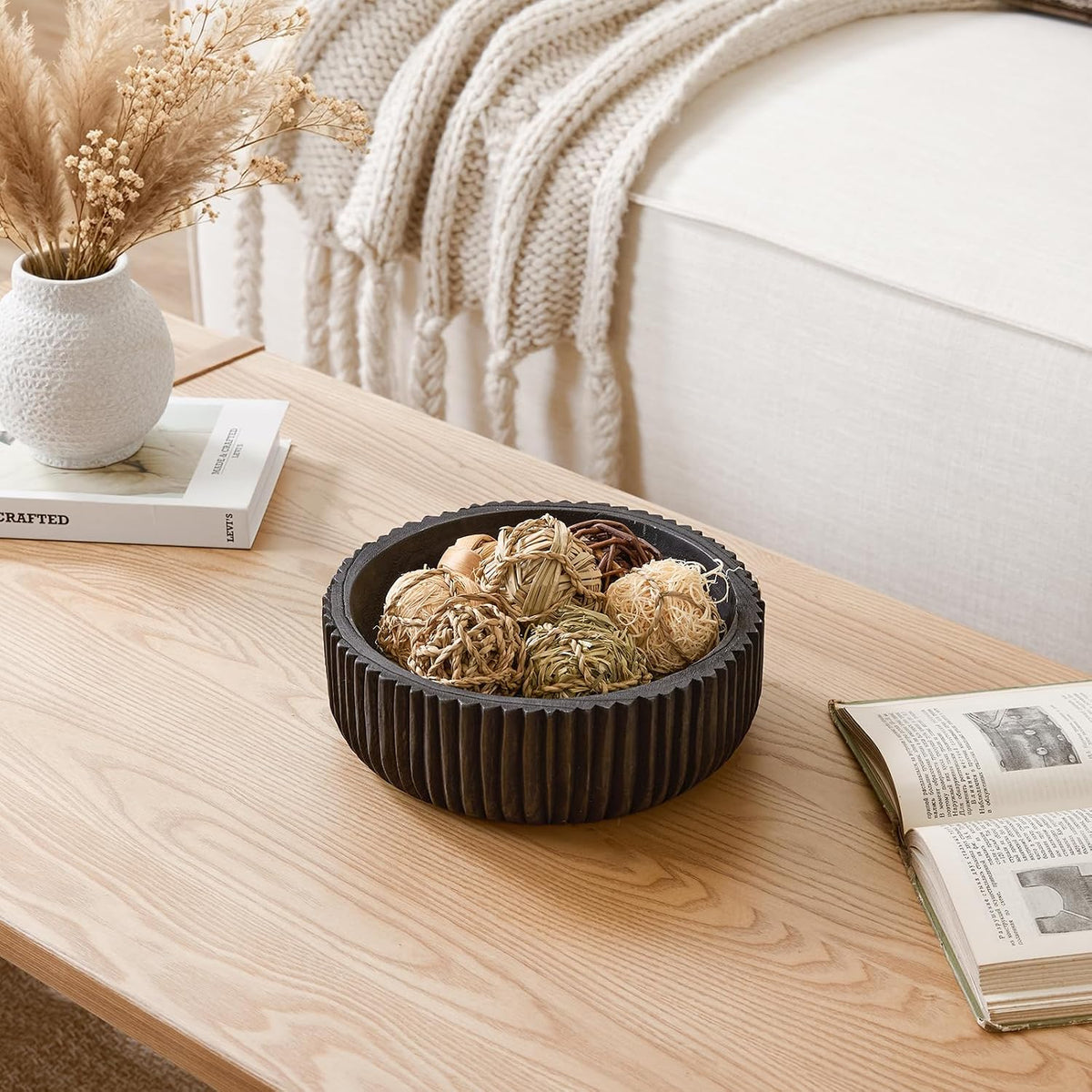 DN DECONATION Wooden Decorative Bowl, 9.84” Black Wood Fruit Bowl for Table