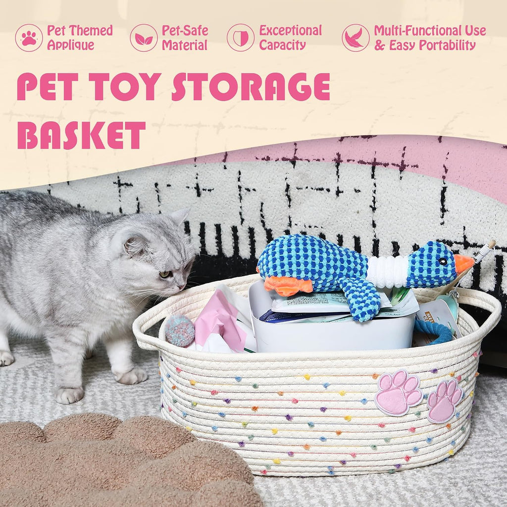 Sea Team Pet Toy Basket with Handles for Cats and Dogs, Rainbow Paw