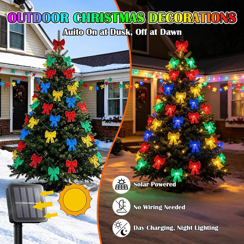 Solar Powered 23FT Christmas Bow 30LED Outdoor String Lights Multicolor