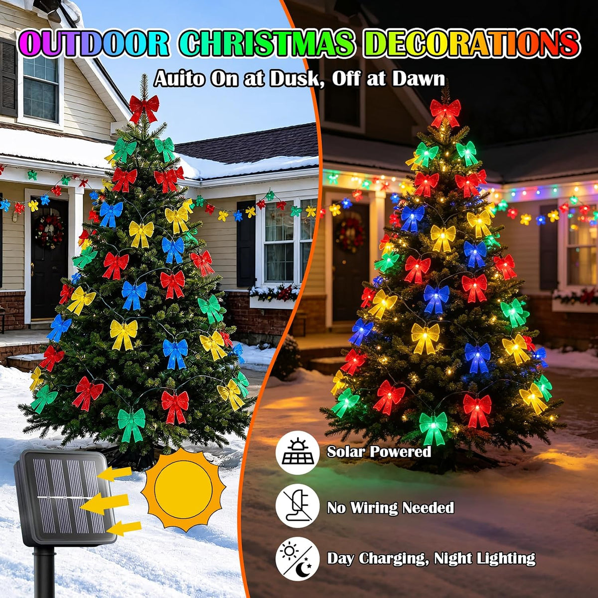 Solar Powered 23FT Christmas Bow 30LED Outdoor String Lights Multicolor