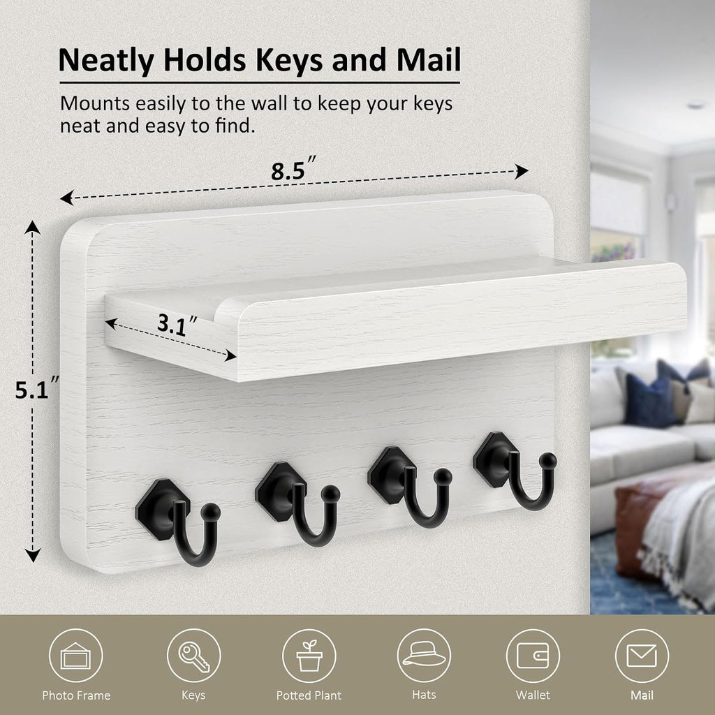 Nekon Key Holder Wall Mount, 8.5 Inch Small Wooden Wall Organizer, White