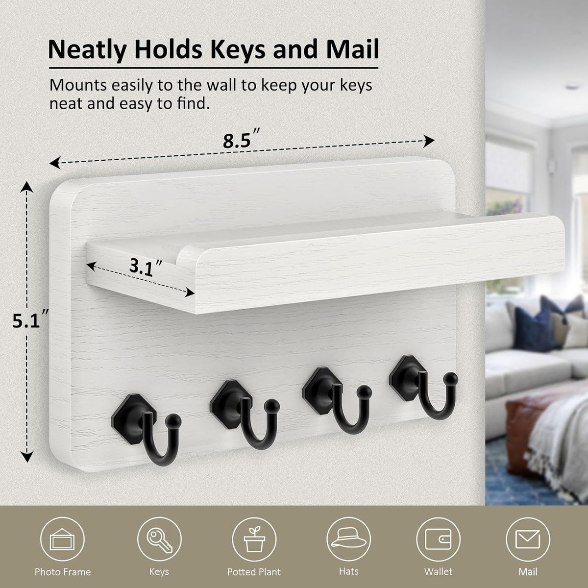 Nekon Key Holder Wall Mount, 8.5 Inch Small Wooden Wall Organizer, White