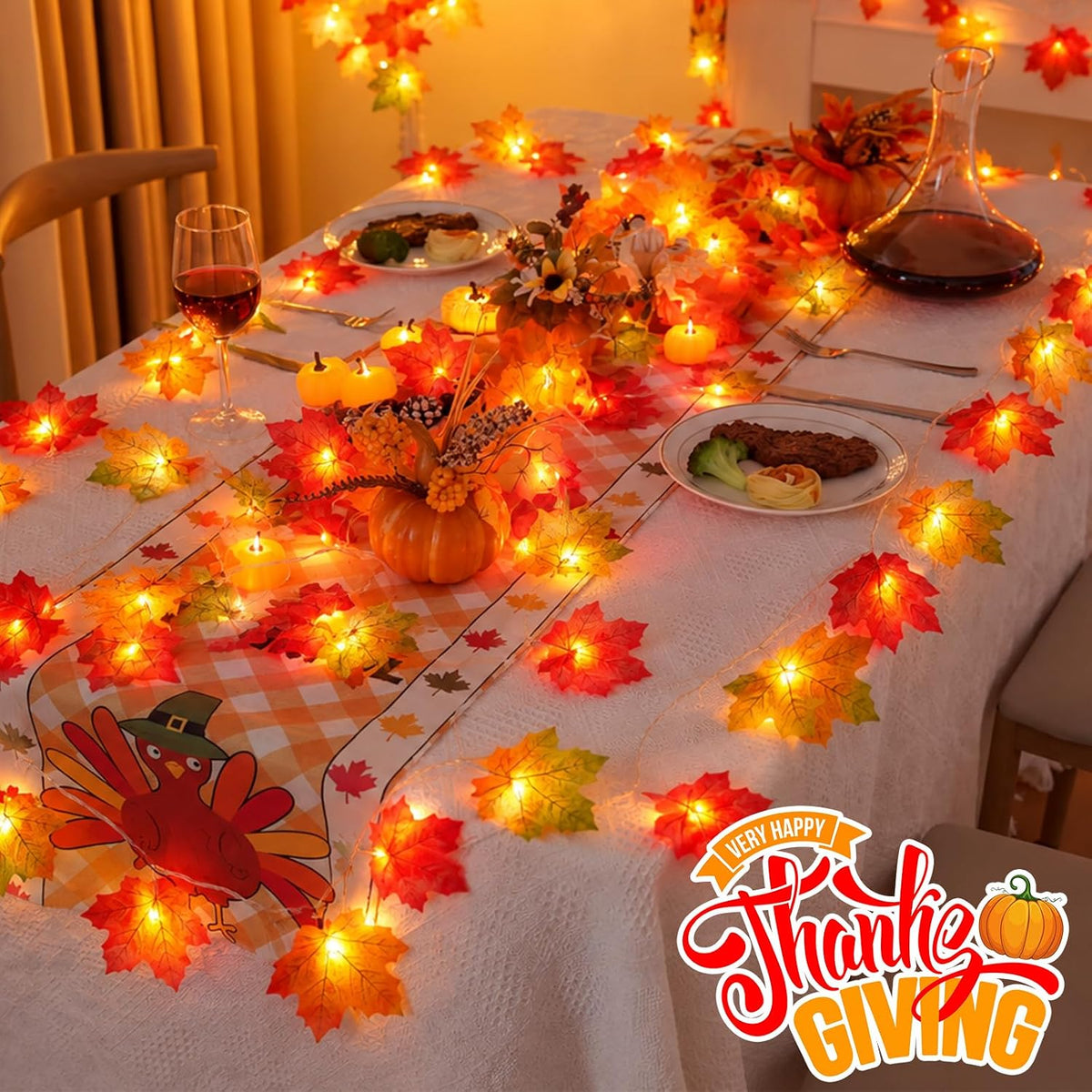 YEGUO 2 Packs Thanksgiving Decorations for Home, Fall Lights Battery Operated, Total 20ft 40 LED Lighted Fall Garland Maple Leaves Four Color for Holiday Autumn Harvest Thanksgiving Halloween Decor