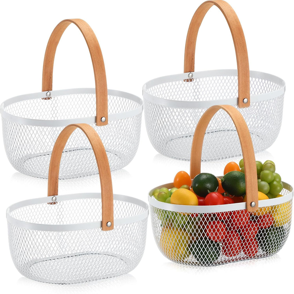 Maxcheck 4 Pcs Oval Metal Wire Baskets with Handles for Kitchen, White