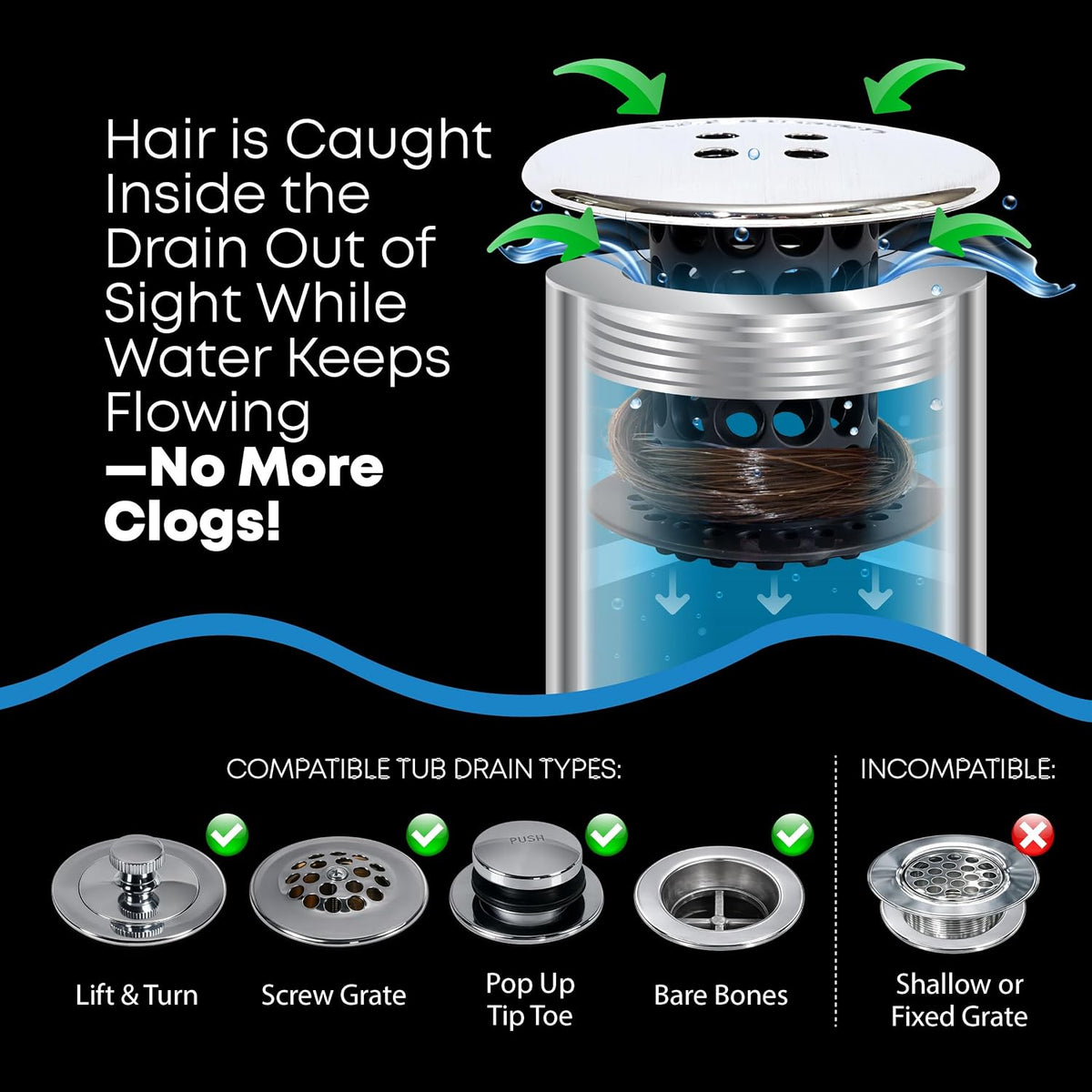 TubShroom Tub Drain Hair Catcher, Black Chrome – Protector and Catcher for Bathroom Drains, Fits 1.5” 1.75” Bathtub Shower Drains