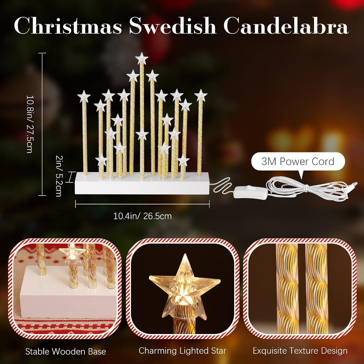 Lewondr Christmas Swedish Candelabra, Star Taper Flameless Candles, 20 LED