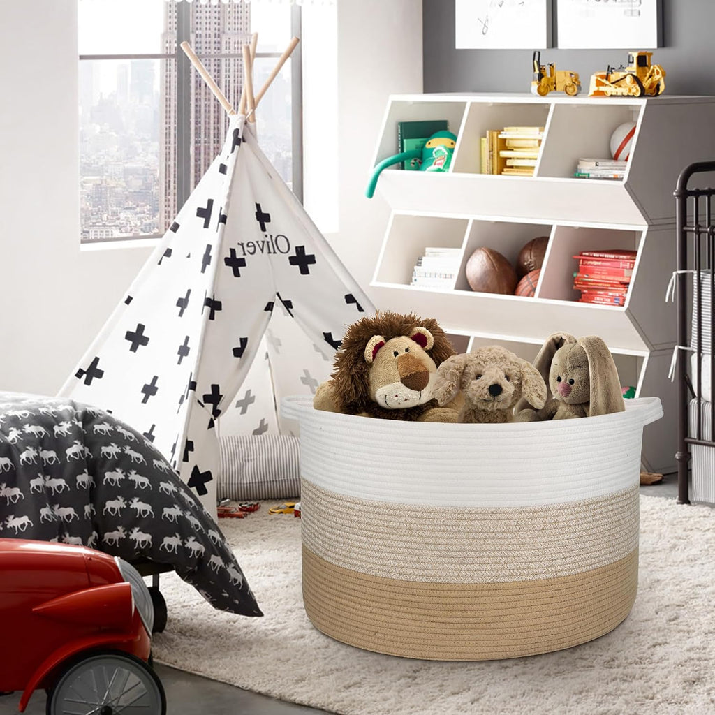MEGASKET Extra Large Storage Basket, 22” X 22” X 14” Blanket Basket Living Room, Kids Toy Box Organizer, Woven Cotton Rope Baskets for Storage, Soft Dog Toy Bin, Wicker Pillow Blanket Holder