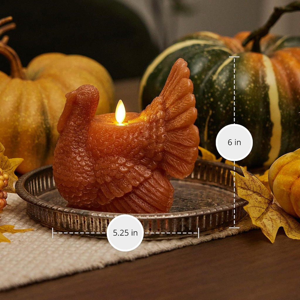 Luminara Flameless Fall Harvest Decor - Turkey Figural LED Candle Natural Color, Adobe, 5.3" x 7.5" Real Wax Moving Flame Battery Operated w/Timer