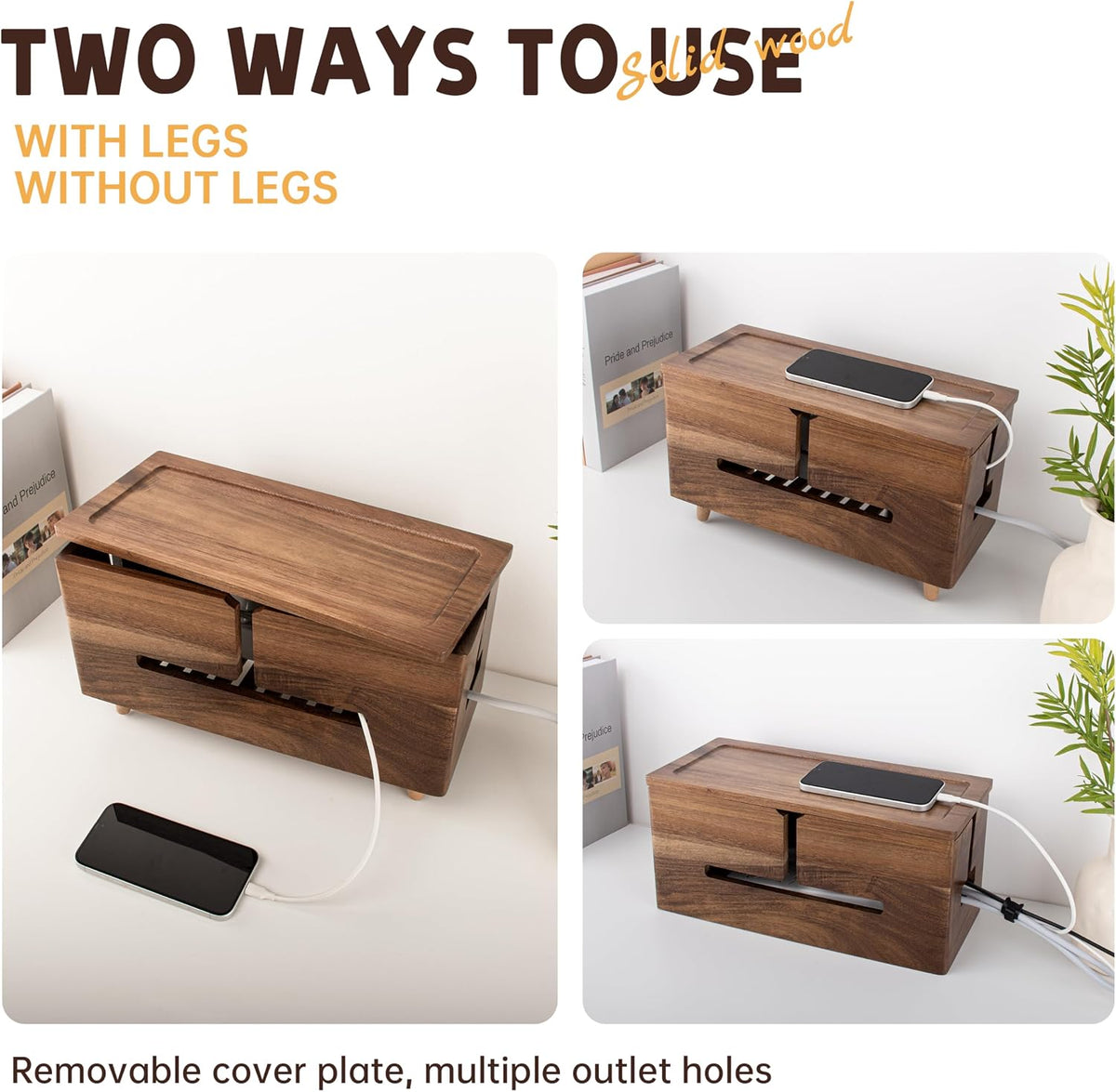 Brown Wood Large Cable Management Box for Power Strip and Cord Hideaway