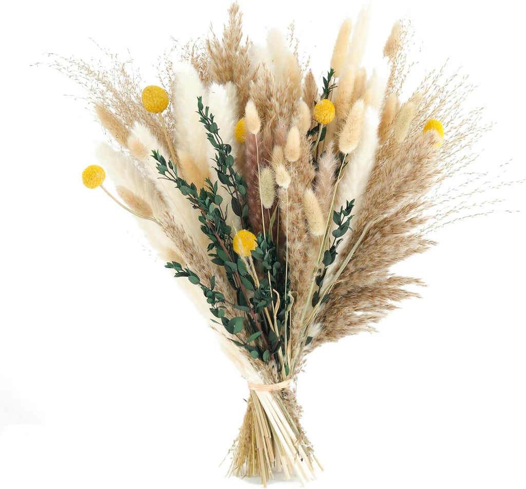Natural Dried Pampas Grass Bouquet (103-Piece) for Boho Wedding & Home Decor - Farmhouse Centerpiece with Eucalyptus, White/Brown, 14-17 Inches