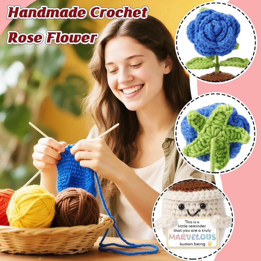 Emotional Support Crochet Positive Rose Flower Inspirational Gifts for Men, Father's Day Birthday Thank You Gifts from Son Daughter Handmade Knitted Plant w/Card for Desk Decor