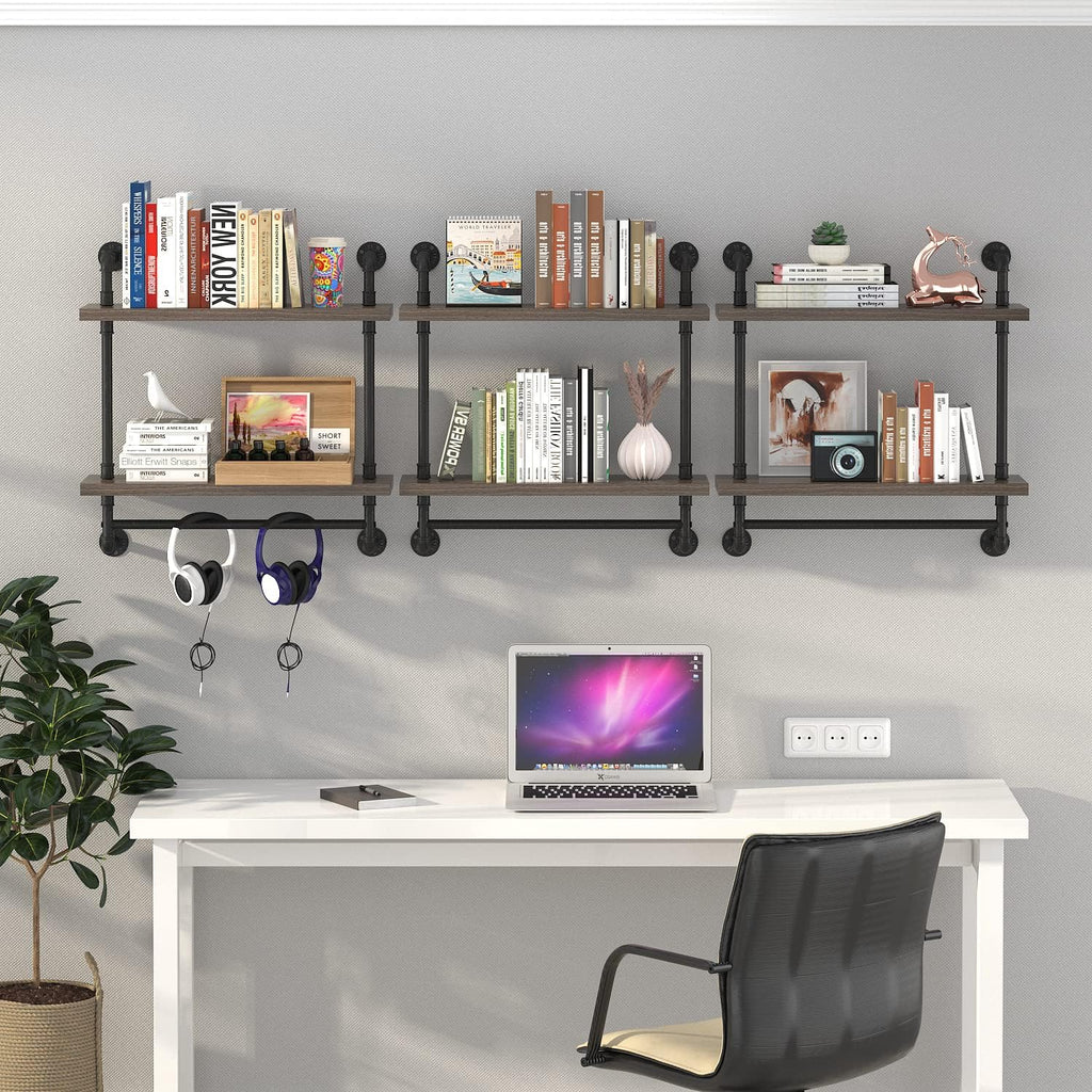 Helsin 2 Tier Wood Floating Shelves Towel Rack, Industrial Pipe Bathroom Shelves Wall Mounted with Towel bar, Wall Display Storage Shelf for Home & Bathroom Decor (Gray, 24inch)